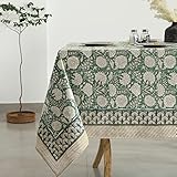 Labhanshi Indian Handblock Print Floral Cotton Table Cloth|Rectangle 60x90 Inch 6-Seater Kitchen Dining Table Cloth|Spring Easter St.Patrick Wedding Holiday Party Decorative Table Cover|Moss Green