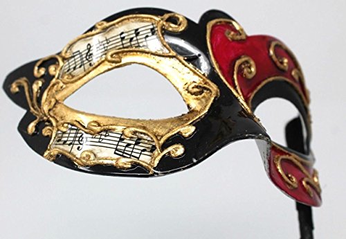 VENETIAN MASQUERADE CARNIVAL PARTY EYE BALL MASK BLACK RED & GOLD WITH MUSICAL NOTES SCRIPT ON A STICK-HAND HELD - Image 3