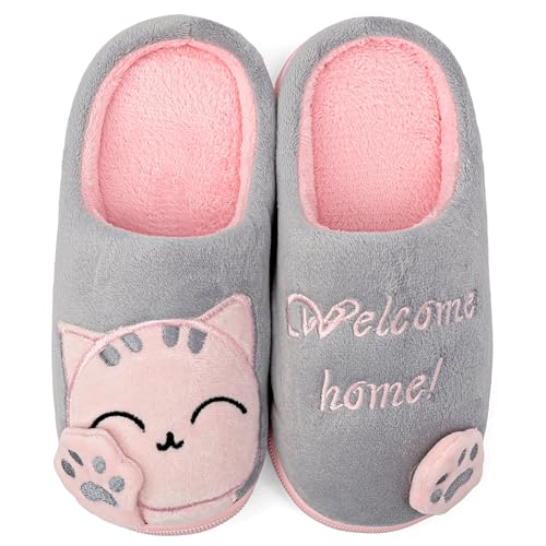 ChayChax Nette Winter Baumwolle Hausschuhe Warme Plüsch Pantoffeln Schlappen Weiche rutschfeste Indoor Hause Slipper mit Cartoon Katze für Herren Damen Kinder, Grau Pink, 33/34 EU=Hersteller 34/35