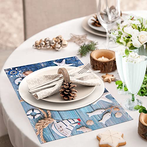 Blue Placemats Set Of 4, Summer Nautical Theme Starfish Shell Fishnet Non Slip Heat Resistant Linen Fabric Cloth Place Mats, Washable Holiday Party Dining Table Mats For Coastal Home Kitchen Decor #TOP2