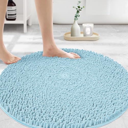 Image of MAYSHINE Round Area Rug Set for Bathroom | Soft Plush Chenille Bath Mat, Water Absorbent Non-Slip Bathroom Rug | Washable Shag Carpet for Shower, Bedroom, or Home Decor | 36 inchx36 inch (Round) | Spa Blue