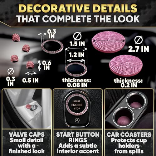 Pink Car Accessories Set, 27 Pieces – Bling Car Accessories for Interior Styling with Rhinestone Details for Daily Use, Universal Fit Kit for Steering Wheel, Vents, Mirror Area, Great Gift for Women