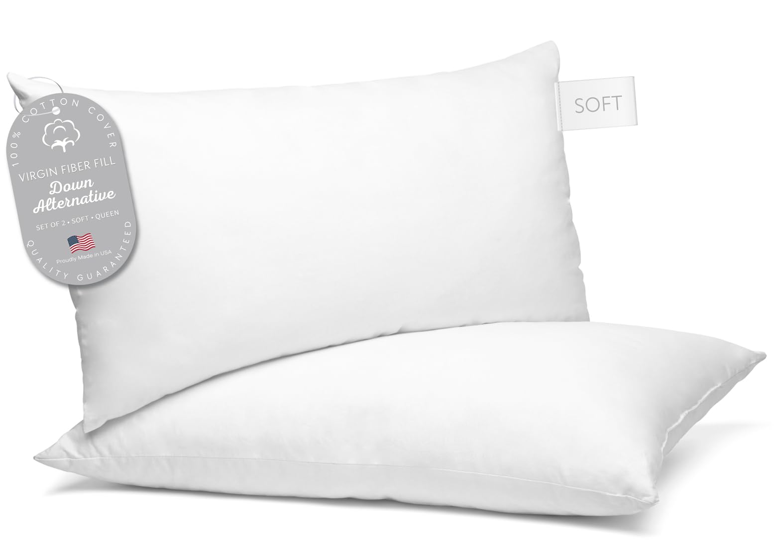 Digital Decor Set of Two 100% Cotton Hotel Down-Alternative Made in USA Pillows - Three Comfort Levels! (Queen, Silver/Soft)