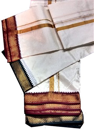 Art Silk Dhoti Vesti Mundu India Ethnic Dress 1" Double Colour Zari Border with Shawl White2
