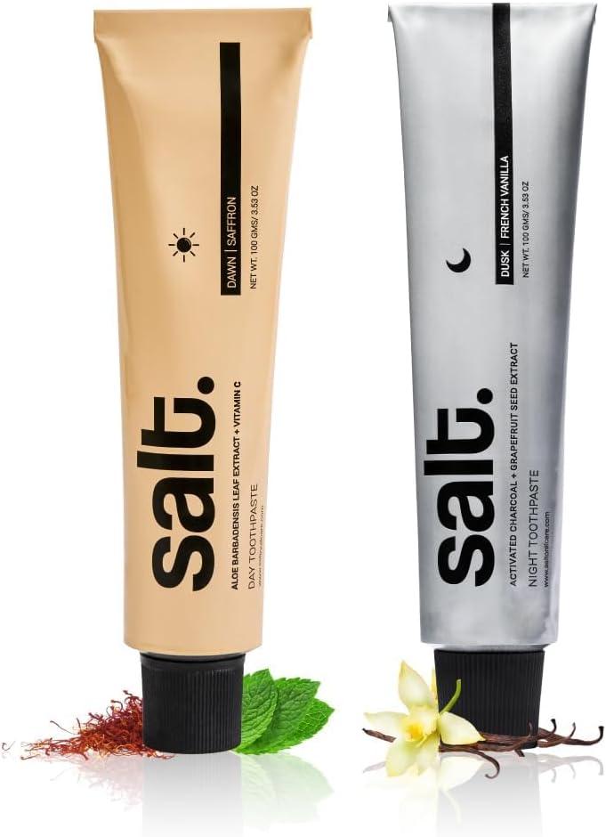 Salt Oral Care Dawn Day & Dusk Night Toothpaste Combo | Saffron Mint & Charcoal French Vanilla | Nano Hydroxyapatite Enamel Care | Fresh Breath, Whitening & Gum Care | 100 g Each