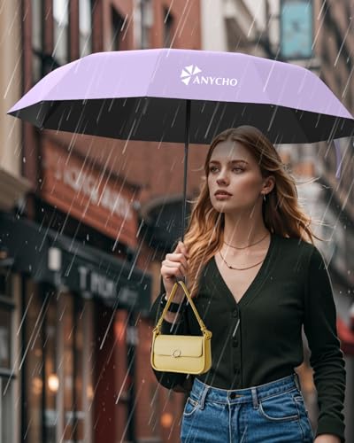 Image of ANYCHO Umbrella for Women 3 Fold with Carabiner Handle - Small Size for UV Protection & Rain - Automatic Pocket Umbrella for Men, Women and Kids