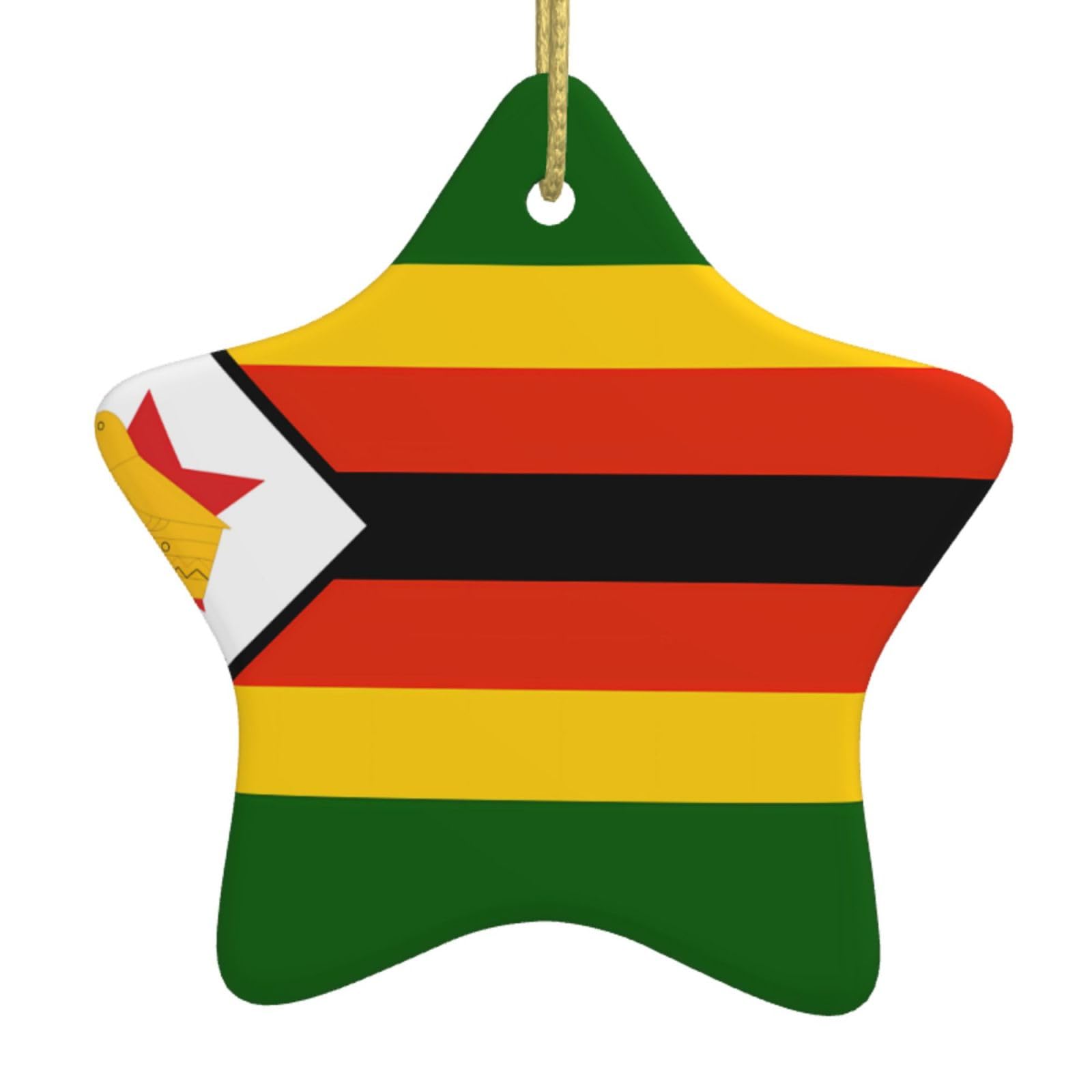 Flag of Zimbabwe Christmas Ceramic Star Pendant with Punched Holes and Gold Wire Rope, Christmas Tree Home Decoration