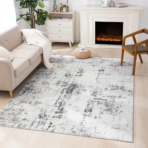 Carvapet 5 x 7 Rugs for Living Room Bedroom, Gray Modern Abstract Low Pile Large Carpet with Rubber Backing, Foldable, Non Slip Machine Washable (7 x 5 Feet Rectangular, Grey Area Rug)