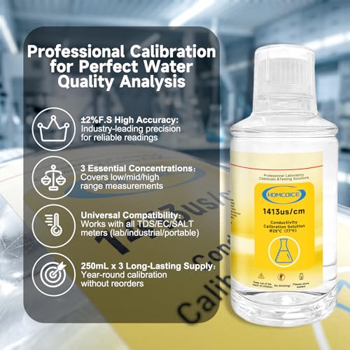 Homcoice TDS und EC Kalibrierlösung-Set, 250 mL, 3 Lösungen (1413 µS/cm, 12,88 mS/cm, 111,8 mS/cm), hochpräzise Pufferlösungen für Leitfähigkeits- und TDS-Messgeräte
