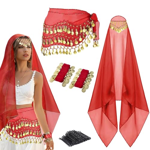 4Pcs Belly Dance Outfit Sets Belly Dance Chiffon Hip Scarf with Coins Gypsy Head Scarf with Coins 2 Coin Wrist Bracelet 50 Pcs Bobby Pins for Women Girls Birthday Rave Costume Accessory (Red)