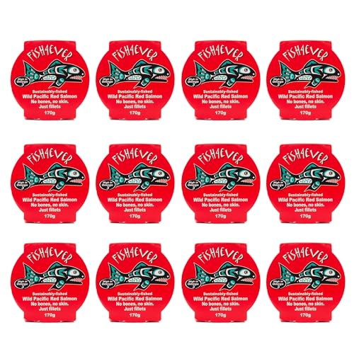 Image of Fish 4 Ever | Red Pacific Wild Salmon In Brine Filleted - Sustainably Fished. Tin Canned Food Rich In Omega-3. Great Used In Pasta Salad, Noodle Dishes, Sandwich Filler And More |170g (Pack of 12)