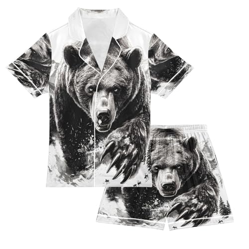 ALAZA Bear Black White Satin Pajamas Set Short Sleeve Button Down Sleepwear Summer Pjs 2 Piece