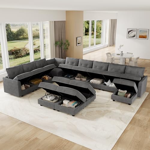 Image of LLappuil 14-Seat Modular Sectional Sofa with Storage, 163 inch Oversized U-Shaped Corduroy Couch with 10 Throw Pillows, Pet-Friendly Convertible Pit Sofa for Large Spaces, Skin-Friendly, Grey