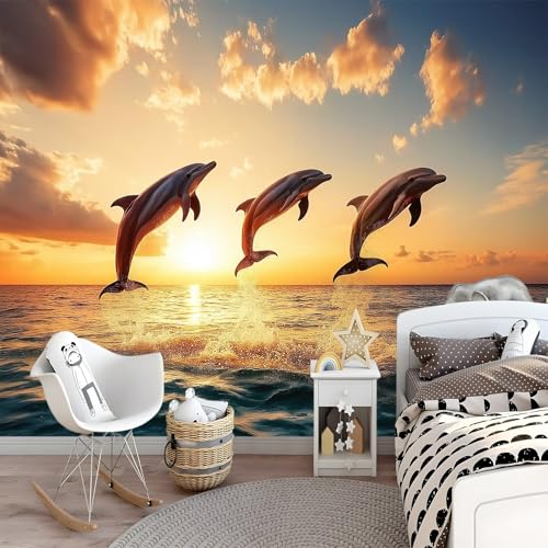 Papier peint coucher de soleil dauphin décoration murale salon