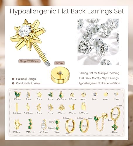 MILACOLATO Helix Piercing Sieraden Chirurgische Roestvrij Staal Oorbellen Hypoallergeen Platte Achterkant Oorbel Stud Hoop Oorbellen Set Conch Piercings Zilver Goud Kraakbeen Daith Tragus Piercing
