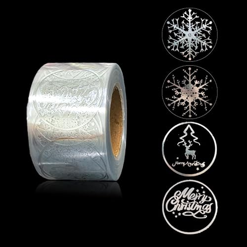 500Pcs 1.0 Inch Christmas Clear Stickers Silver Foils Snowflake Elk Shape Roll Label Stickers Round Self-Adhesive Sticker Xmas Label Tag Wrapping Paper for Invitation Greeting Card Gift Decor