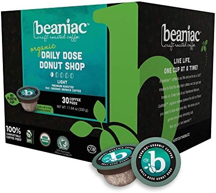 beaniac Organic Daily Dose Donut Shop, Light Roast, Single Serve Coffee K Cup Pods, Rainforest Alliance Certified Organic Arabica Coffee, 30 Compostable Coffee Pods, Keurig Brewer Compatible