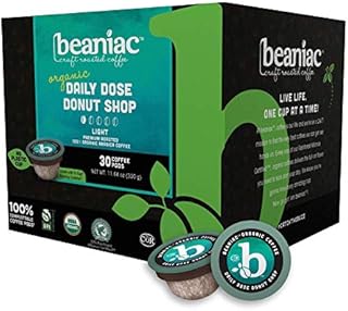 beaniac Organic Daily Dose Donut Shop| Light Roast, Single Serve Coffee K Cup Pods | Rainforest Alliance Certified | 30 Compostable, Plant-Based Coffee Pods | Keurig Brewer Compatible