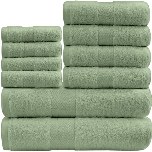 GC GAVENO CAVAILIA 10 Piece Towel Bale Set | Quick Drying Cotton Towel Highly Absorbent 450 GSM Sage Green Towels Set | Bathroom Towels Bale Set 4x Face 4x Hand 2x Bath Towels