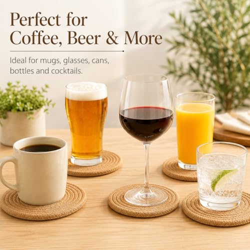 ABenkle Woven Coasters for Drinks Set of 6, Boho Absorbent Drinking Coaster, 4.3 Inch - Perfect Housewarming Gift, Home Decor, Bar Essentials for Coffee Table
