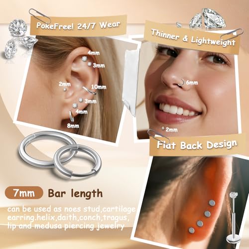 6 pair 14K Gold Filled Earrings Set for Women,Hypoallergenic Huggie Hoop Earrings Stacks Dainty Threadless Flat Back Stud Earrings for Multiple Piercing,Cartilage Trendy Earrings Jewelry Gifts CZ 2-4mm4