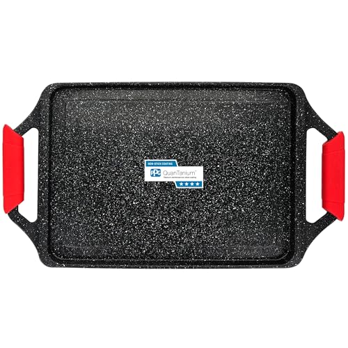 briebe Black Titanium Grillplaat Inductie, Antiaanbak Titanium, Gietaluminium, Grillpan Bakplaat 43x25cm, PFOA-vrije Coating, Siliconen Handgrepen, Keramische Kookplaat, Gas, Oven