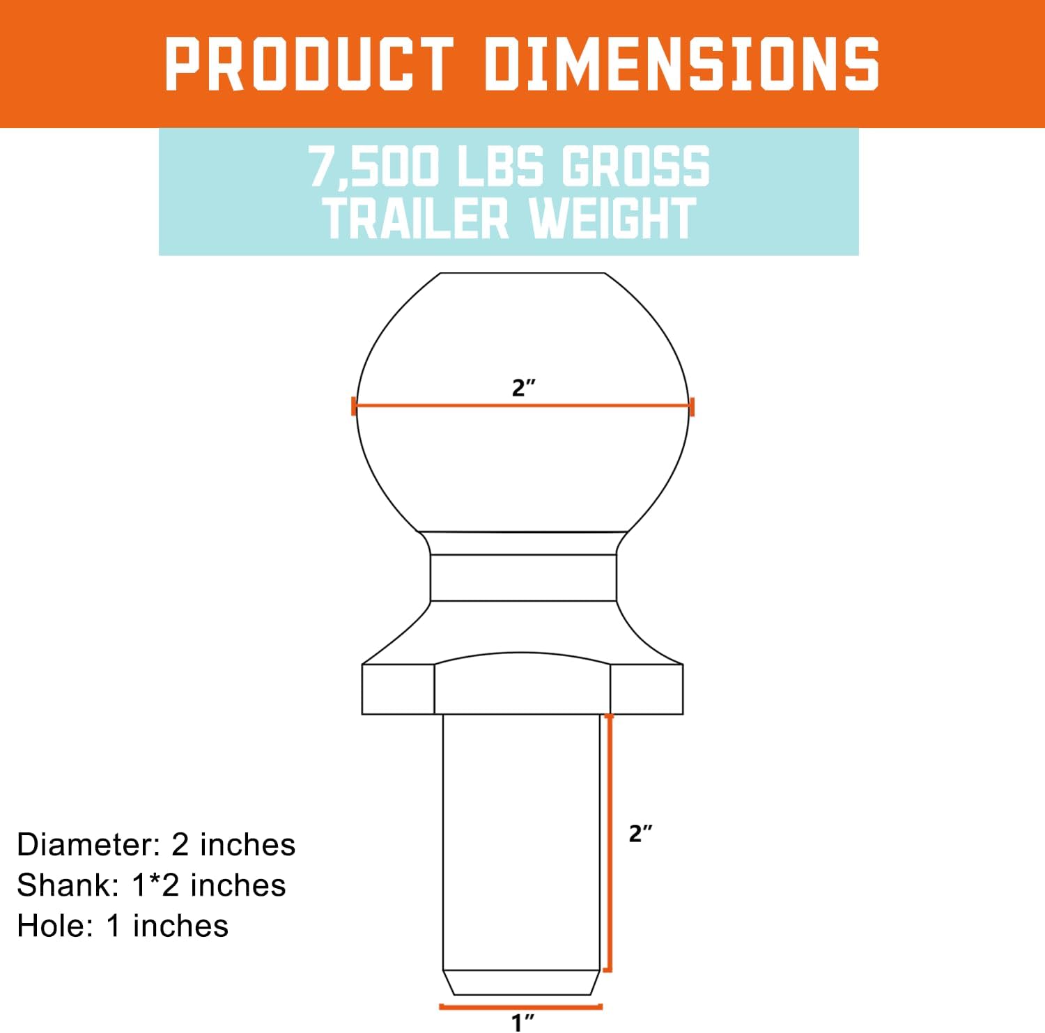 Trailer Hitch Ball 2-inch, 7,500LBS GTW and 750LBS TW, 1 x 2-Inch Shank, Fit 1-inch Hole, Tow Hitch Ball Fit for RV Towing, Motorcycles & Powersports