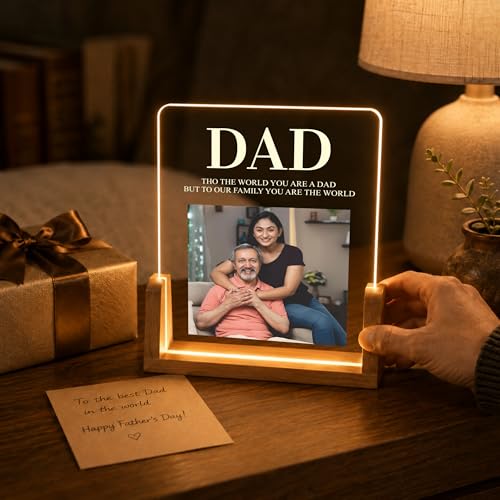 Image of Giftplease Fathers Day Personalized Rectangular Acrylic Wood Tabletop Photo Frame | Warm Led Light Base Custom Single Picture Layout Serif Typography Desktop Night Decor for Dad Papa Husband