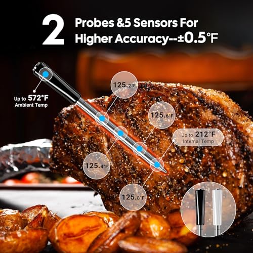 INKBIRD Wireless Meat Thermometer, 5G WiFi and 5.4 Bluetooth Meat Thermometer Digital Wireless for Grilling and Smoking, 5 Sensors, IP67 Dual Probes and Backlight LCD Display for BBQ Smoker Oven Grill