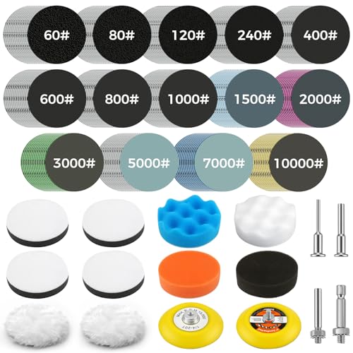 Asherxin 226pcs 3 Inch Sanding Disc Headlight Buffing Sanding Pads Restoration Kit Wet Dry 60 to 10000 Grits Hook and Loop Drill Sanding Attachment with 1/4" 1/8" Shank for Car Wood Metal Glass Resin