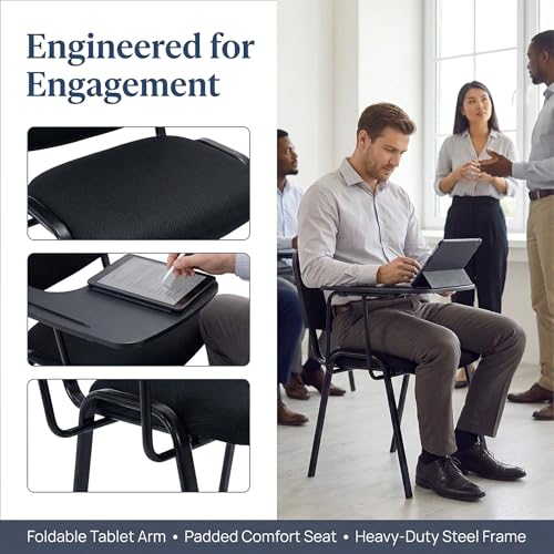 Image of HNY Black Tablet Arm Chairs Set of 5, Mesh Office Waiting Room Guest Nesting Stacking Chairs, Reception Chairs with Flip-Up Table Conference Chair for School Classroom Training Meeting Room