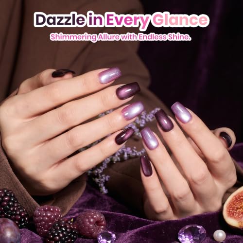 Image of Beetles Purple Cat Eye Gel Nail Polish Set, Plum Moonlit 6 Colors Glitter | Fall Gel Polish Kit Magnetic 3D Shimmer Effect Soak Off UV DIY Salon Nail Art Manicure Gift for Women