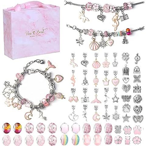 Charms Bracelet Making Kit for Girls, Jewellery Making Kit for Kids Teens Girls, DIY Arts Crafts Set, Girls Toys Birthday Gift for Age 6-12, with 3 Snake Chains, 60 Beads & Pendants and 1 Gift Box Cover
