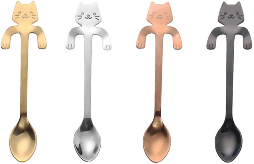 ZBGOROW Cute Cat Spoons for Stirring Coffee and Tea, 4.6 Inches Mini Spoons, 18/8 Stainless Steel Spoon Set, in 4 Assorted Colors