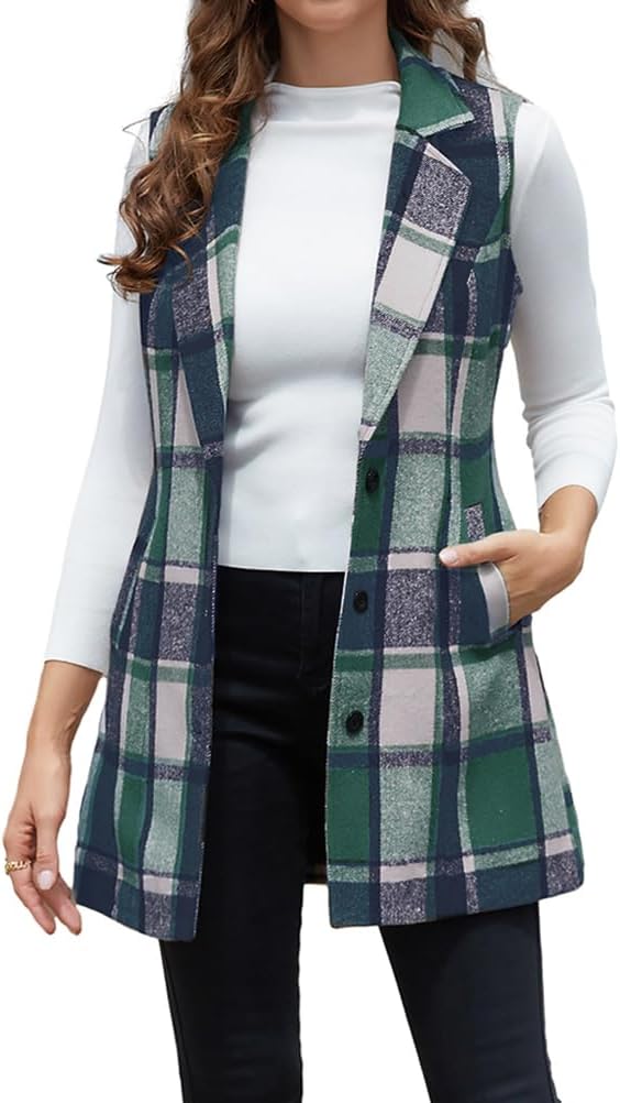 IDEALSANXUN Plaid Vest for Women Fall Winter Sleeveless Blazer Jackets