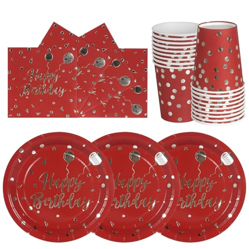 hailstones Argent Rouge Vin 72 Pièces Vaisselle en Papier pour Anniversaire Enfants : Assiettes, Gobelets, Serviettes - 24 Invités