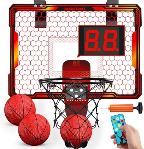 HYES Remote Control Mini Basketball Hoop Indoor with 7 LED Lighting, Red
