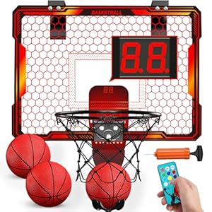 Remote Control Basketball Hoop Indoor with 7 LED Lighting, Mini Basketball Hoop with Electronic Scoreboard, 3 Modes, Over Door Basketball Hoop, Basketball Toys Gift for Kids, Adults (Red)