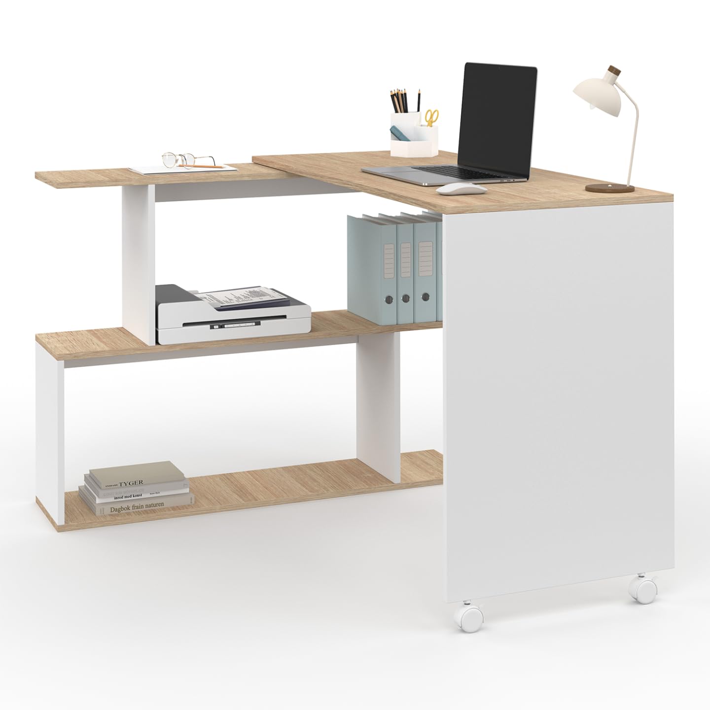 IDMarket - Bureau d'angle Rotatif 180° Joy étagère Forme S Bois façon hêtre et Blanc