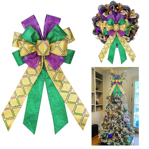 Mardi Gras Wreath Bows Purple Green Glitter Plaid Mardi Gras Bows for Wreaths Large Mardi Gras Ribbon Bows Tree Topper Bows for Mardi Gras Home Indoor Outdoor Decoration Wreath Ornament Supplies