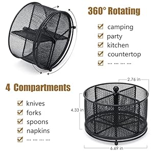 360 Rotating Metal Utensil Caddy 4 Compartment Silverware Cutlery Holder Rotation Fork Spoon Napkin Organizer Flatware Storage Basket Party Countertop Buffet Picnic Camping Outdoor Black