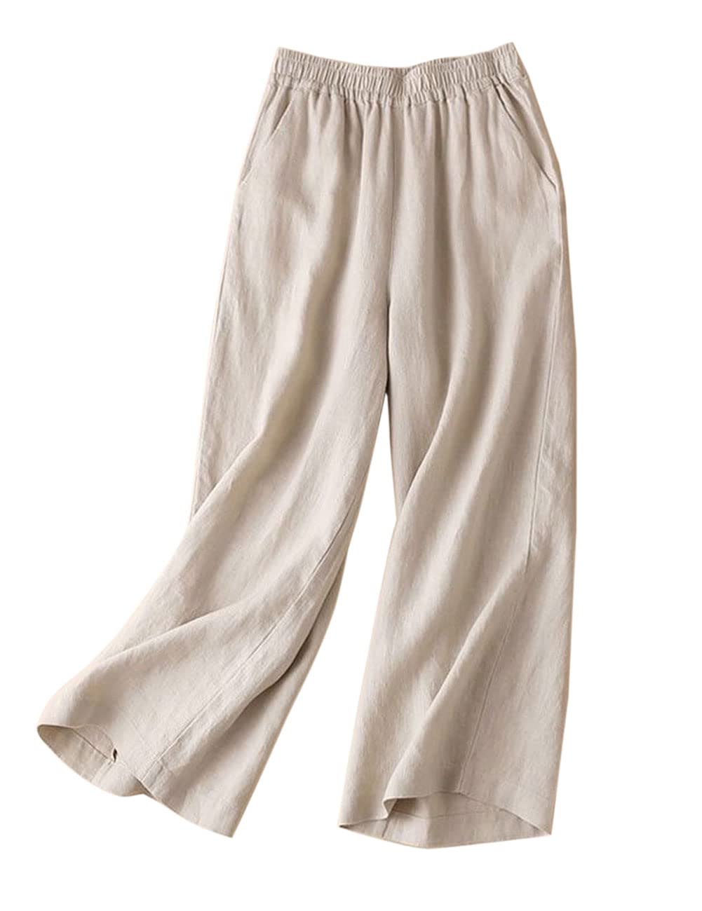 IXIMO Women's Linen Pants Elastic Wasit Wide Leg Long Palazzo Pants Trousers