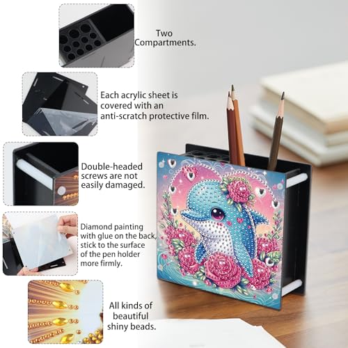 Image of Valentine's Day Dolphin Diamond Painting Pen Holder, DIY 5D Diamond Art Pencil Organizer, Decorative Desk Storage for Home and Office Supplies, Perfect for Storing Pens, Pencils, and Rulers