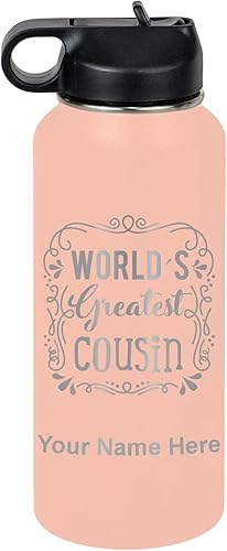 Miniatura 67 de LaserGram Botella de agua con tapa abatible de doble pared de 32 onzas con pajilla, el primo más grande del mundo, grabado personalizado incluido