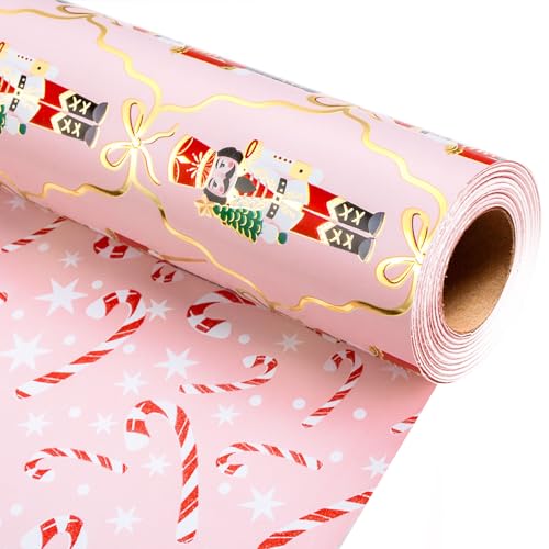 Flyhill Reversible Christmas Wrapping Paper Roll - 17 Inch X 33 Feet - Metallic Foil Nutcracker,Gold Row with Pink Candy Cane Wrap Paper for Christmas, Holiday, Party, Celebration