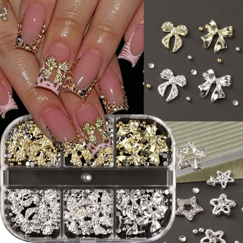 Boxed Bow Nail Charms - 6 Grids Gold Silver Bow Design Nail Art Charms 3D Alloy Metal Ribbon Bowkont Beads Nail Gems Jewelry Punk Style Star Mixed Diamond Nail Accessories for Manicure