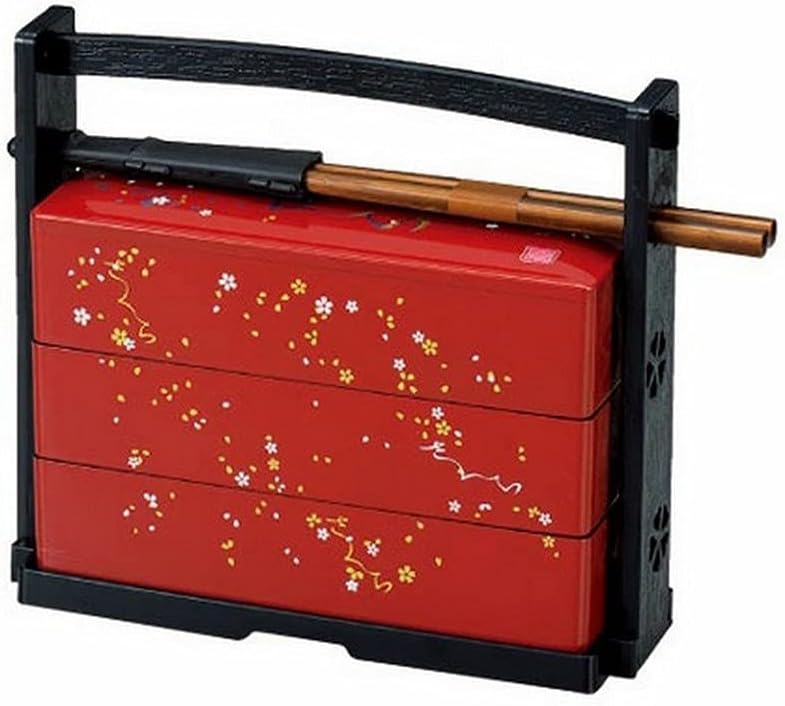 1950, Japanese Lunch Bento Box Three Tiers with Chopsticks Traditional Plastic Lacquered Sakura Cherry Blossom Pattern Made in Japan