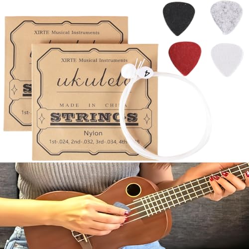 2 Sets of Nylon Ukulele Strings with 4 Felt Picks, Strings are White, Picks are Red, Gray, White, and Black.