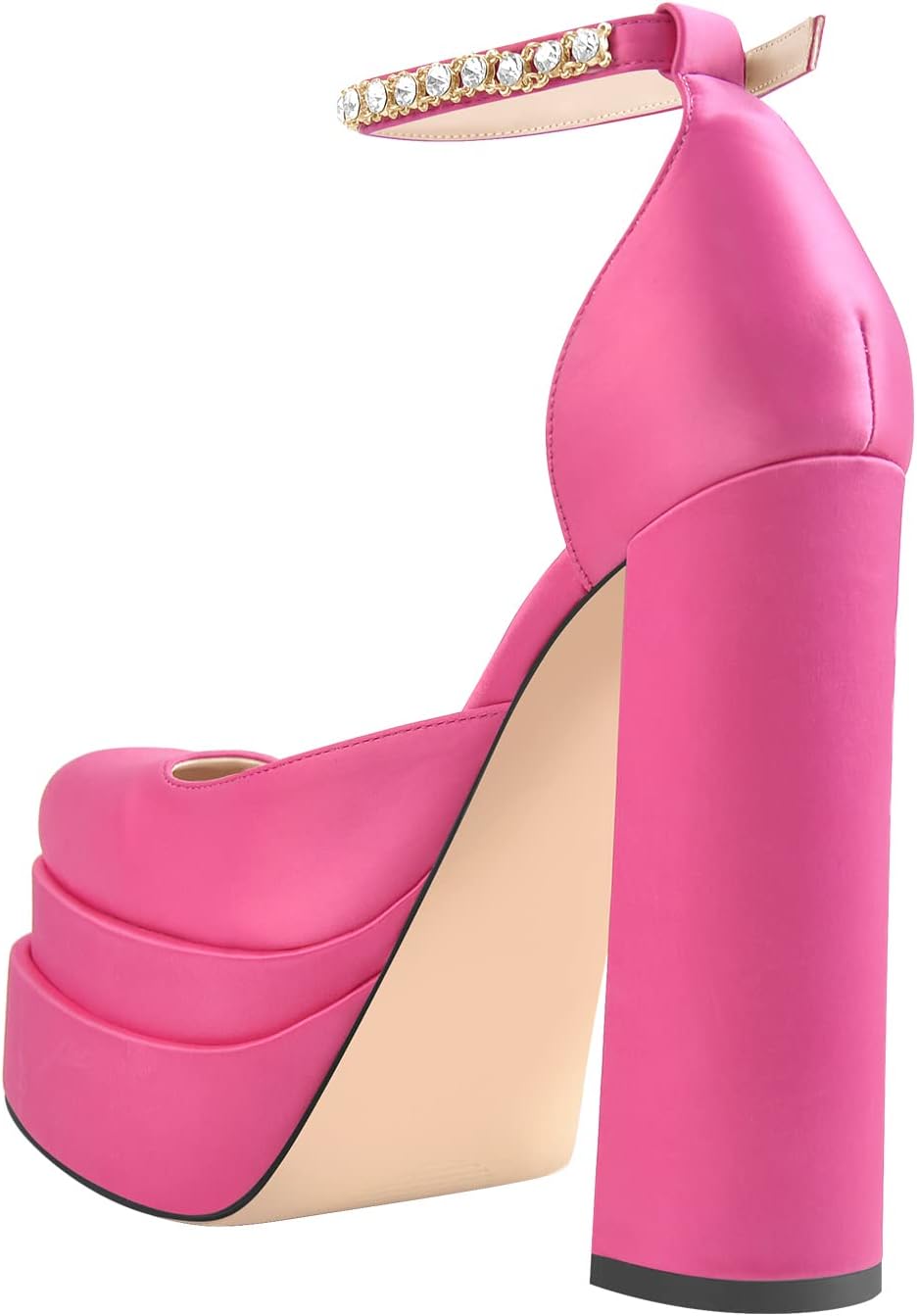 Onlymaker Platform Chunky Heels for Women Square Toe Rhinestone Ankle Strap Satin Pumps Heels - Image 3