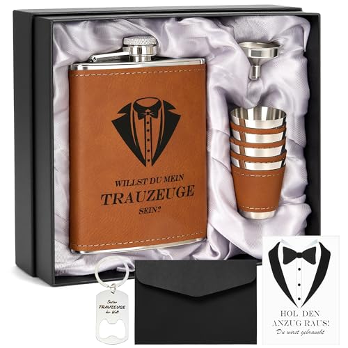 Flachmann mit Gravur 8oz Edelstahl Geschenkset für Trauzeuge und Trauzeugin Schwarze Geschenkbox mit 4 Bechern und Trichter Personalisiertes Hochzeitsgeschenk für Männer und Frauen (Braun)
